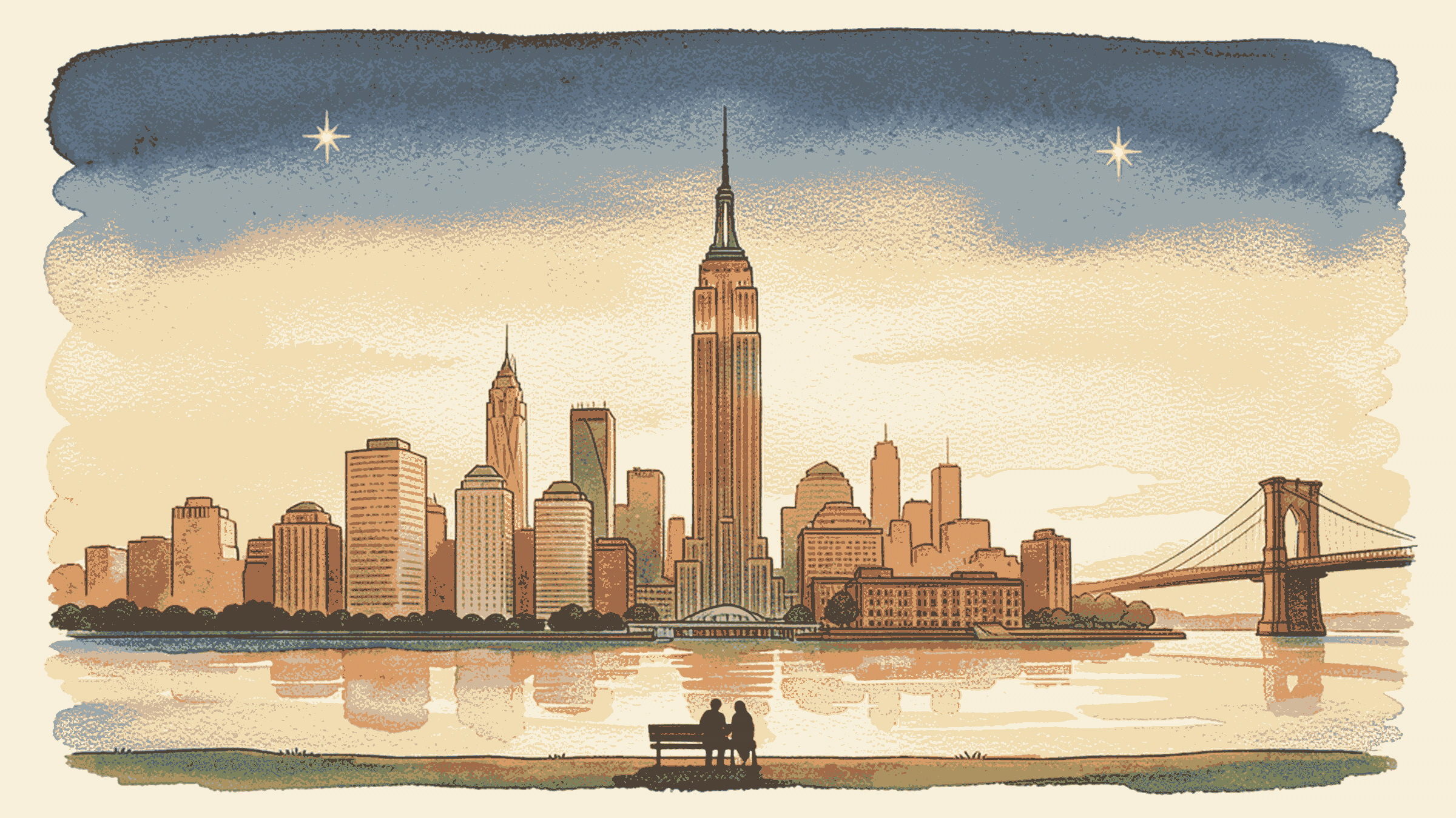Watercolor New York skyline at dusk
