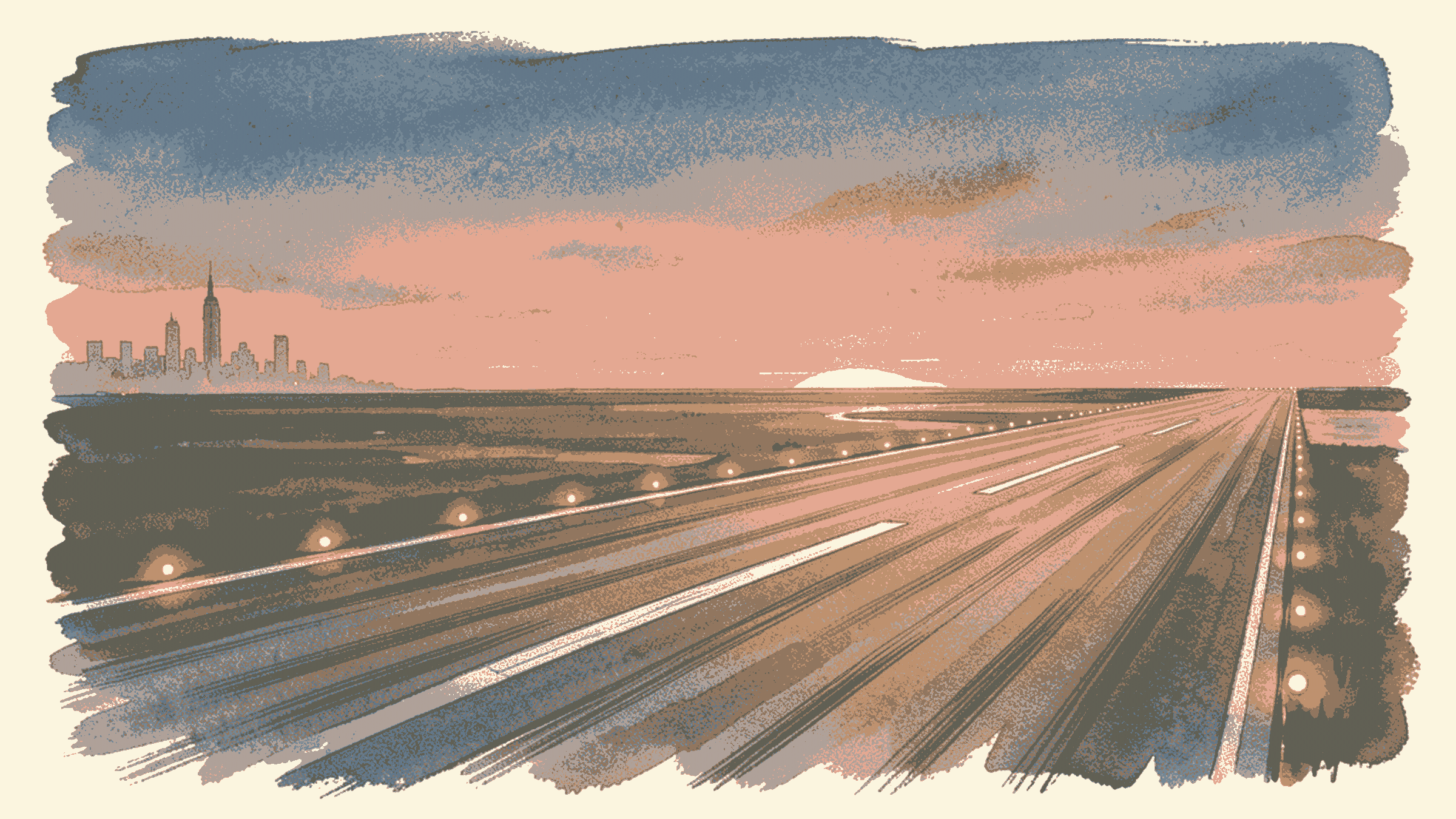 Watercolor dusk runway with the Manhattan skyline