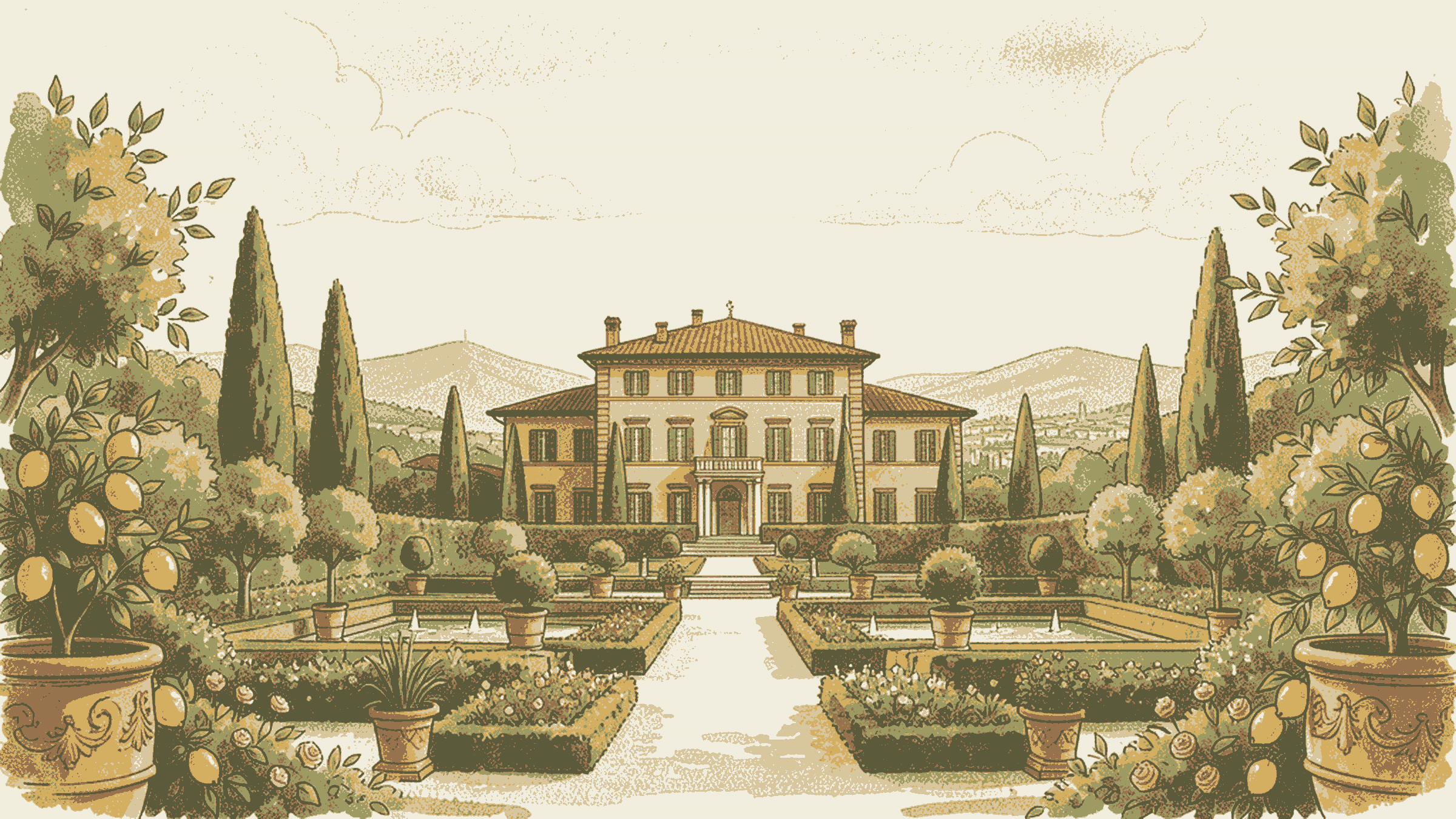 Watercolor illustration of Villa Gamberaia and its gardens